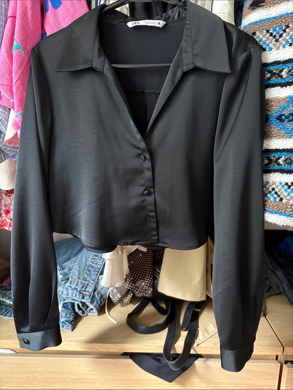 Zara Black Satin Cropped Button-Down Shirt
